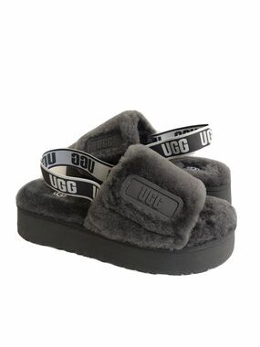 UGG Disco Slides Gray Platform Shearling Sandals Logo Strap Women’s Size 10